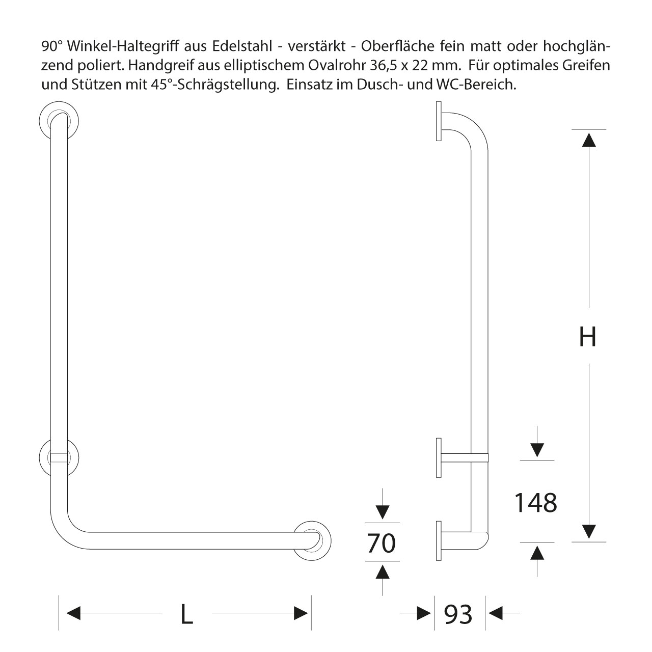 Universal Haltegriff für Bad Dusche WC - 90° Winkel - ErgoSystem E300