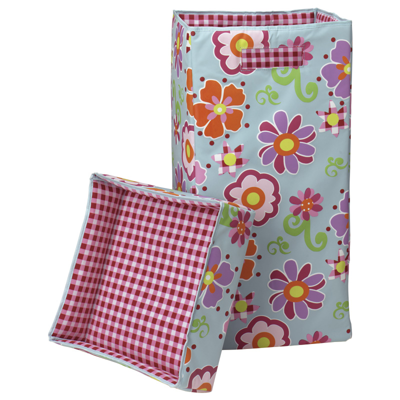 Laundry Hamper - with Lid & Handle - Flower Blue - 30x30x60cm - Foldable