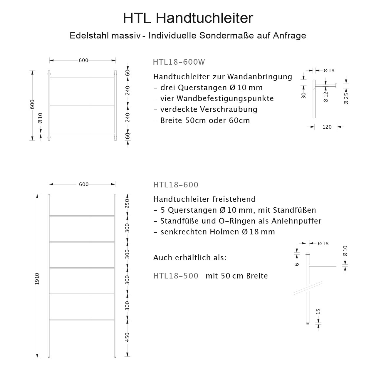 PHOS Handtuchleiter HTL W - Wandmontage - Edelstahl